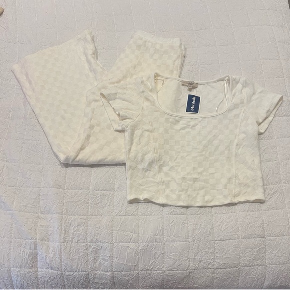 White Checkered Crop Top and Pants Set - Picture 1 of 1